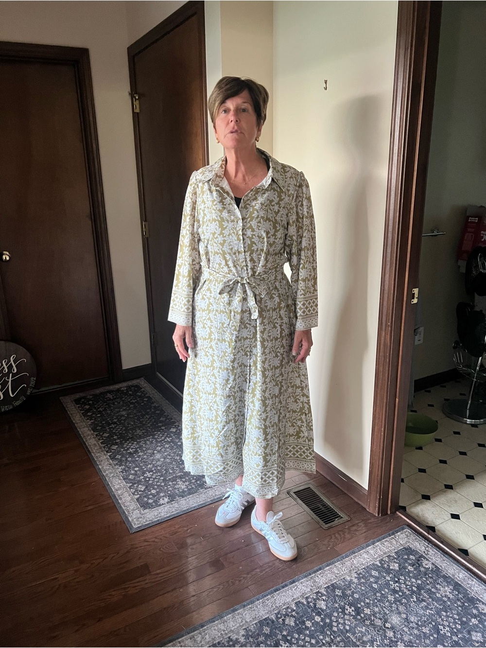 Light Green Floral Button-Front Midi Dress with Tie Waist